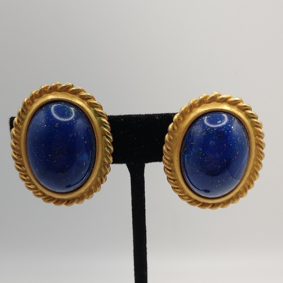 Leslie Block Elegant Gold and Blue Speckled Enamel Oval Clip On Earrings Formal - Picture 5 of 11
